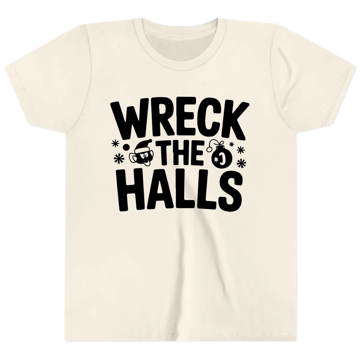 Wreck the Halls Christmas Phrase Youth T-Shirt in Natural