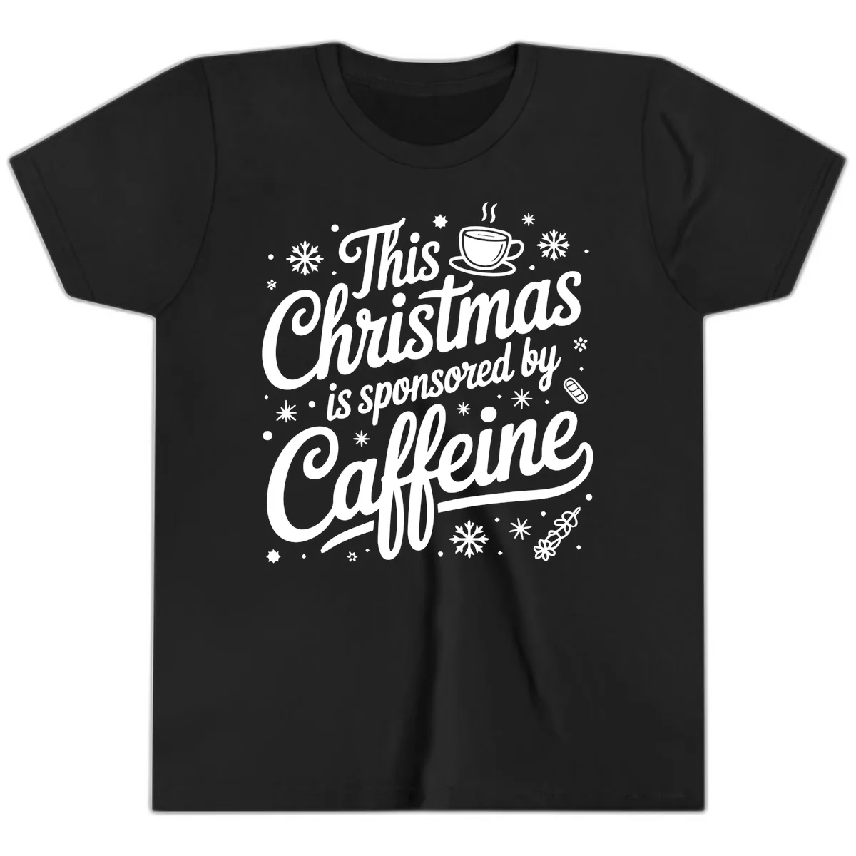 Christmas Sponsored By Caffeine Typography Youth T-Shirt in Black