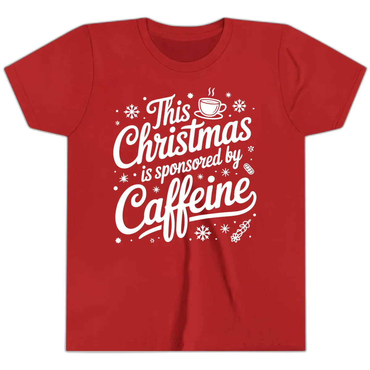 Christmas Sponsored By Caffeine Typography Youth T-Shirt in Red