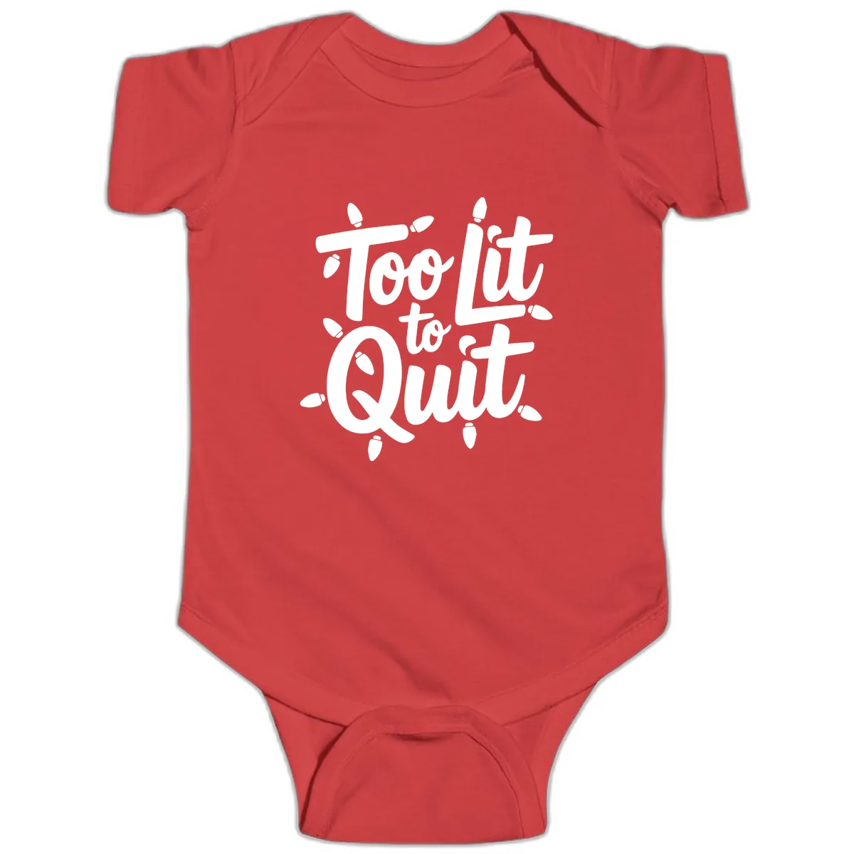 Too Lit To Quit Christmas Lights Baby Onesie in Red