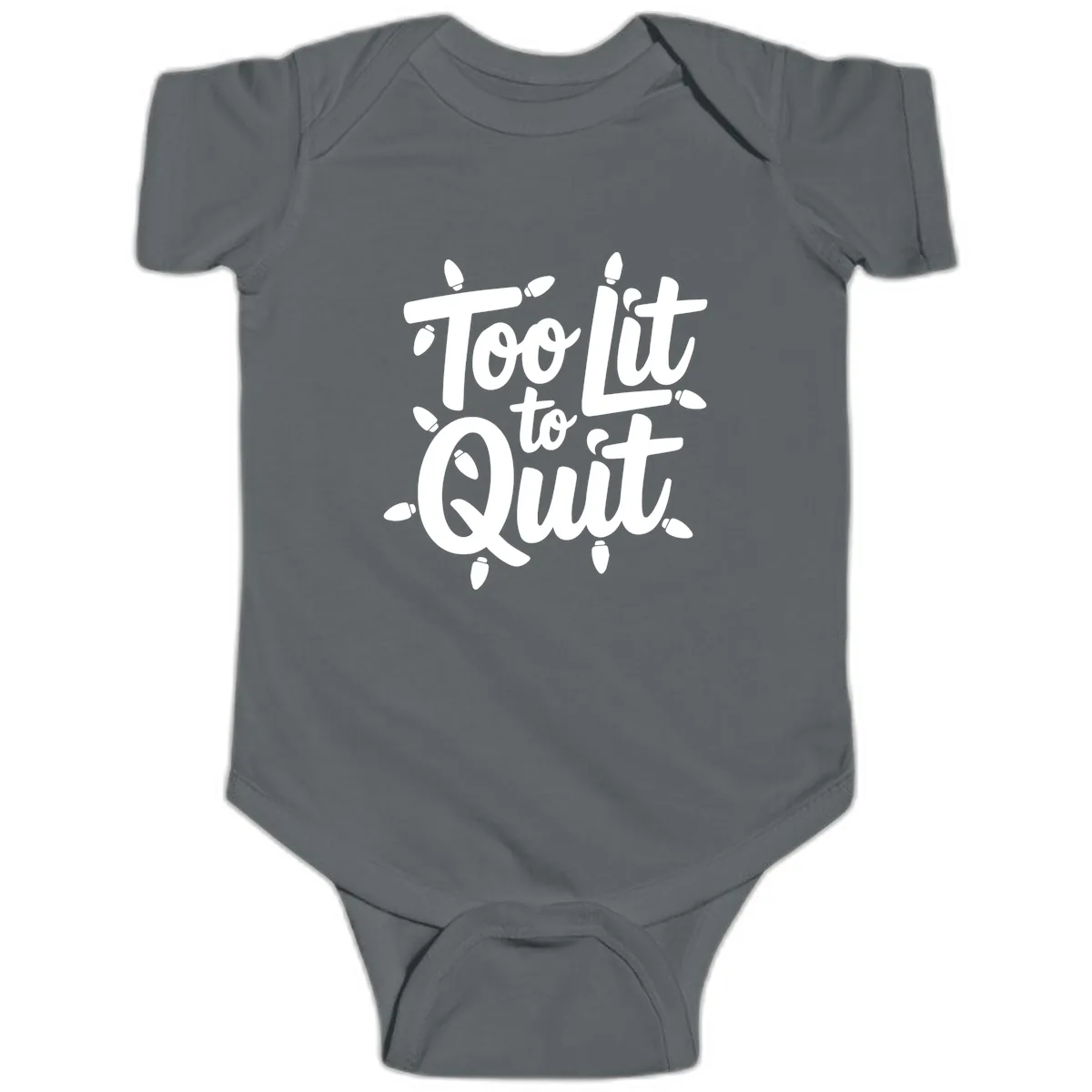 Too Lit To Quit Christmas Lights Baby Onesie in Charcoal