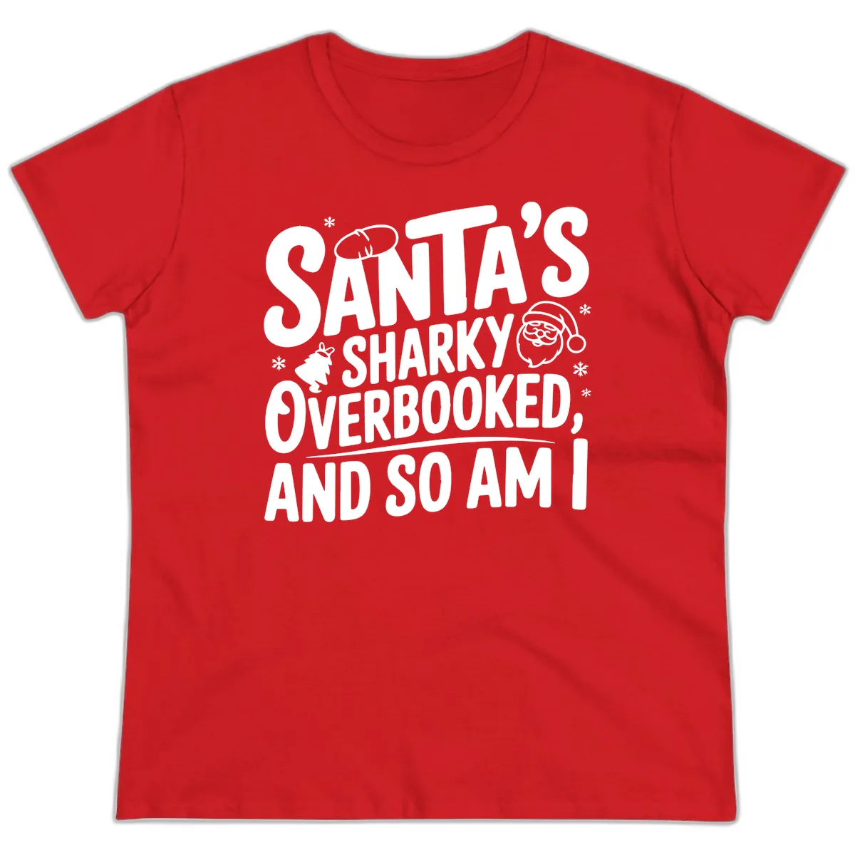 Santa's Sharky Overbooked Ladies Tee in Red