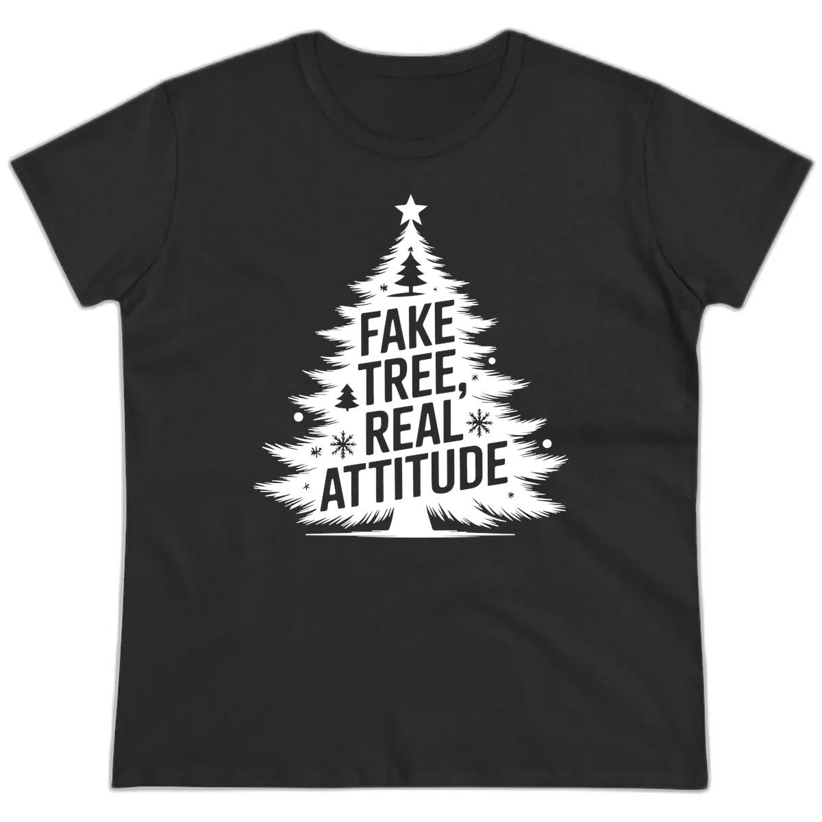Fake Tree Real Attitude Christmas Graphic Ladies Tee in Black