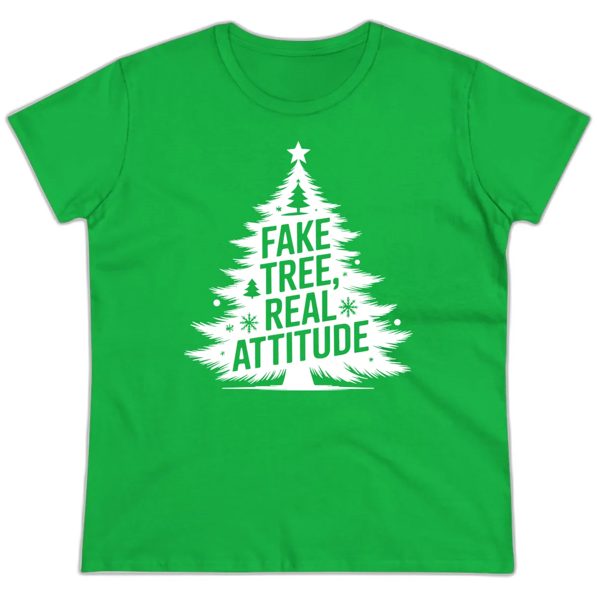 Fake Tree Real Attitude Christmas Graphic Ladies Tee in Irish Green