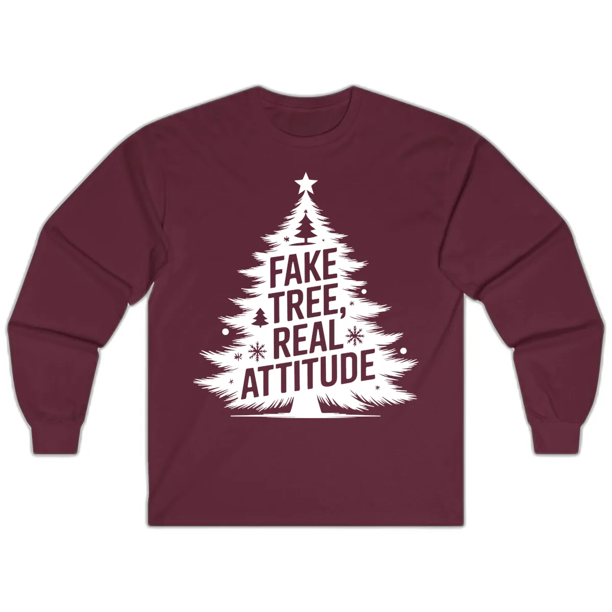 Fake Tree Real Attitude Christmas Graphic Long Sleeve in Maroon