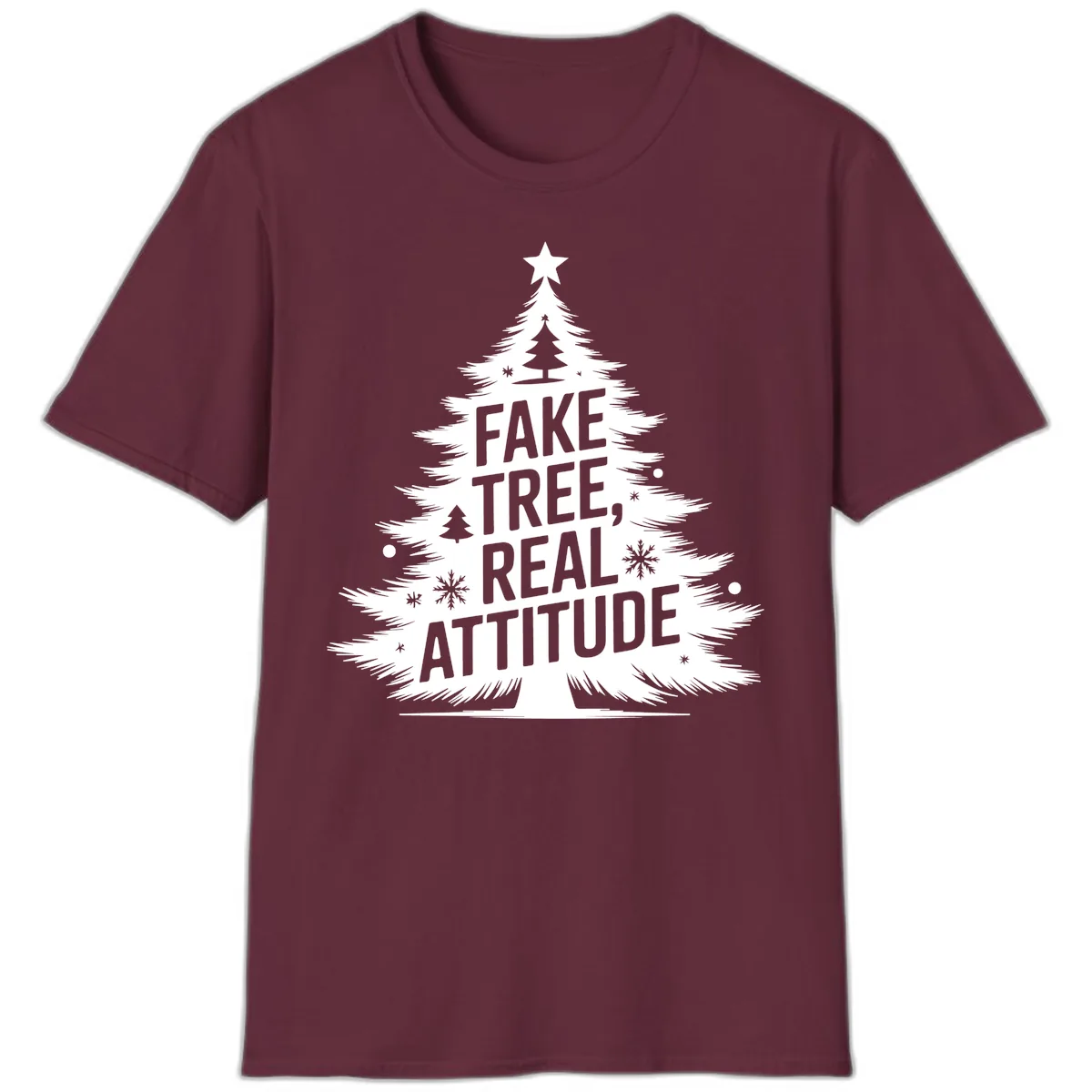 Fake Tree Real Attitude Christmas Graphic T-Shirt in Maroon