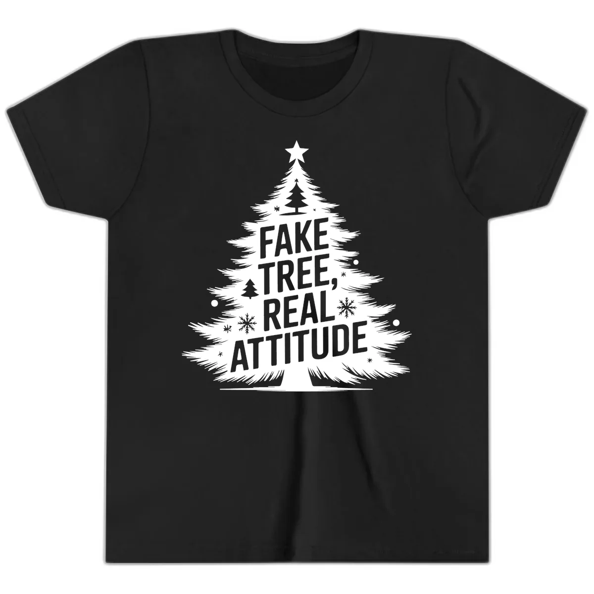 Fake Tree Real Attitude Christmas Graphic Youth T-Shirt in Black