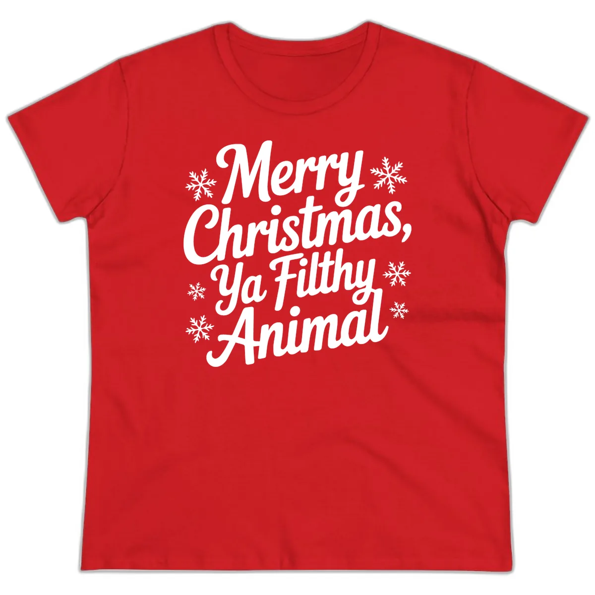 Merry Christmas Ya Filthy Animal Typography Ladies Tee in Red