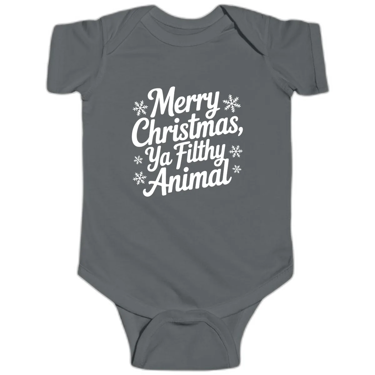 Merry Christmas Ya Filthy Animal Typography Baby Onesie in Charcoal