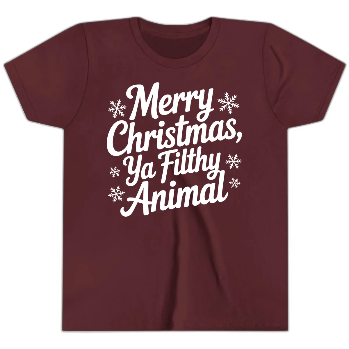 Merry Christmas Ya Filthy Animal Typography Youth T-Shirt in Maroon