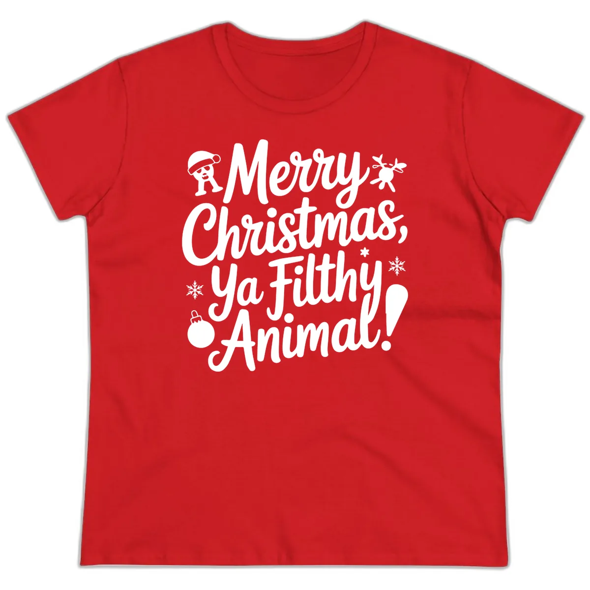 Merry Christmas Ya Filthy Animal Quote Ladies Tee in Red