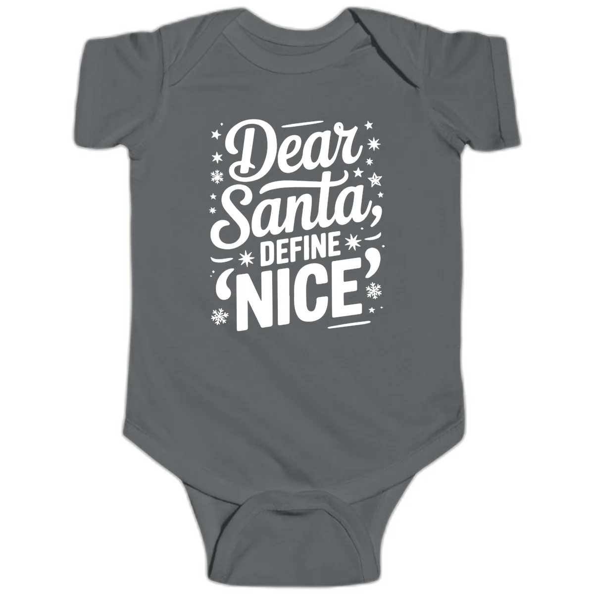 Dear Santa Define Nice Typography Baby Onesie in Charcoal