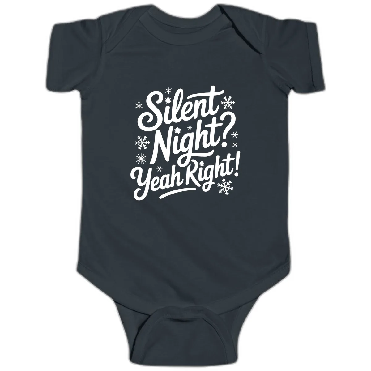 Silent Night Yeah Right Typography Baby Onesie in Black