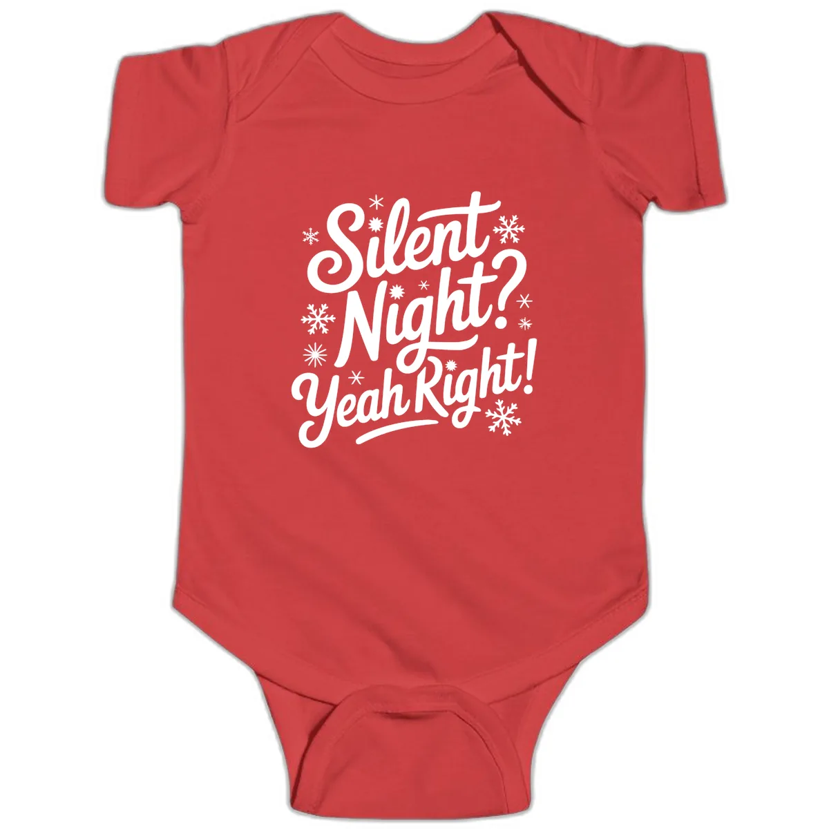 Silent Night Yeah Right Typography Baby Onesie in Red