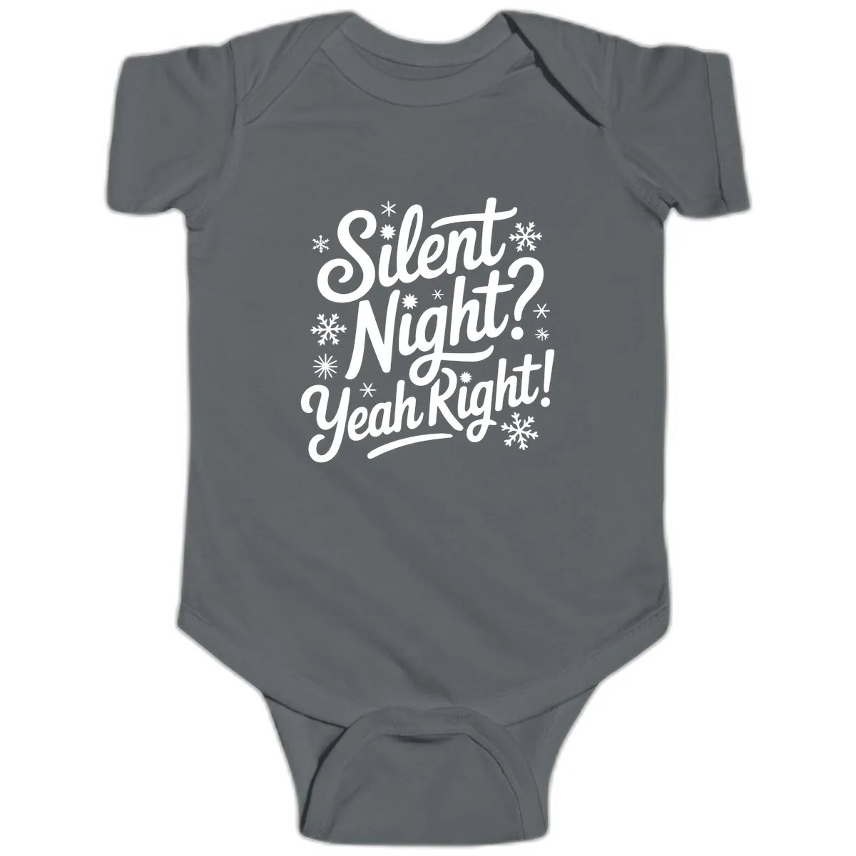 Silent Night Yeah Right Typography Baby Onesie in Charcoal