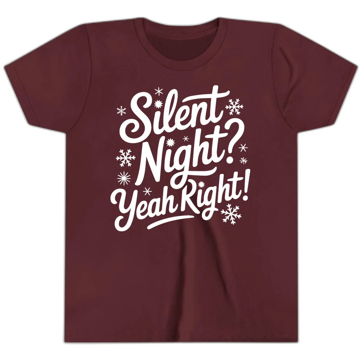 Silent Night Yeah Right Typography Youth T-Shirt in Maroon