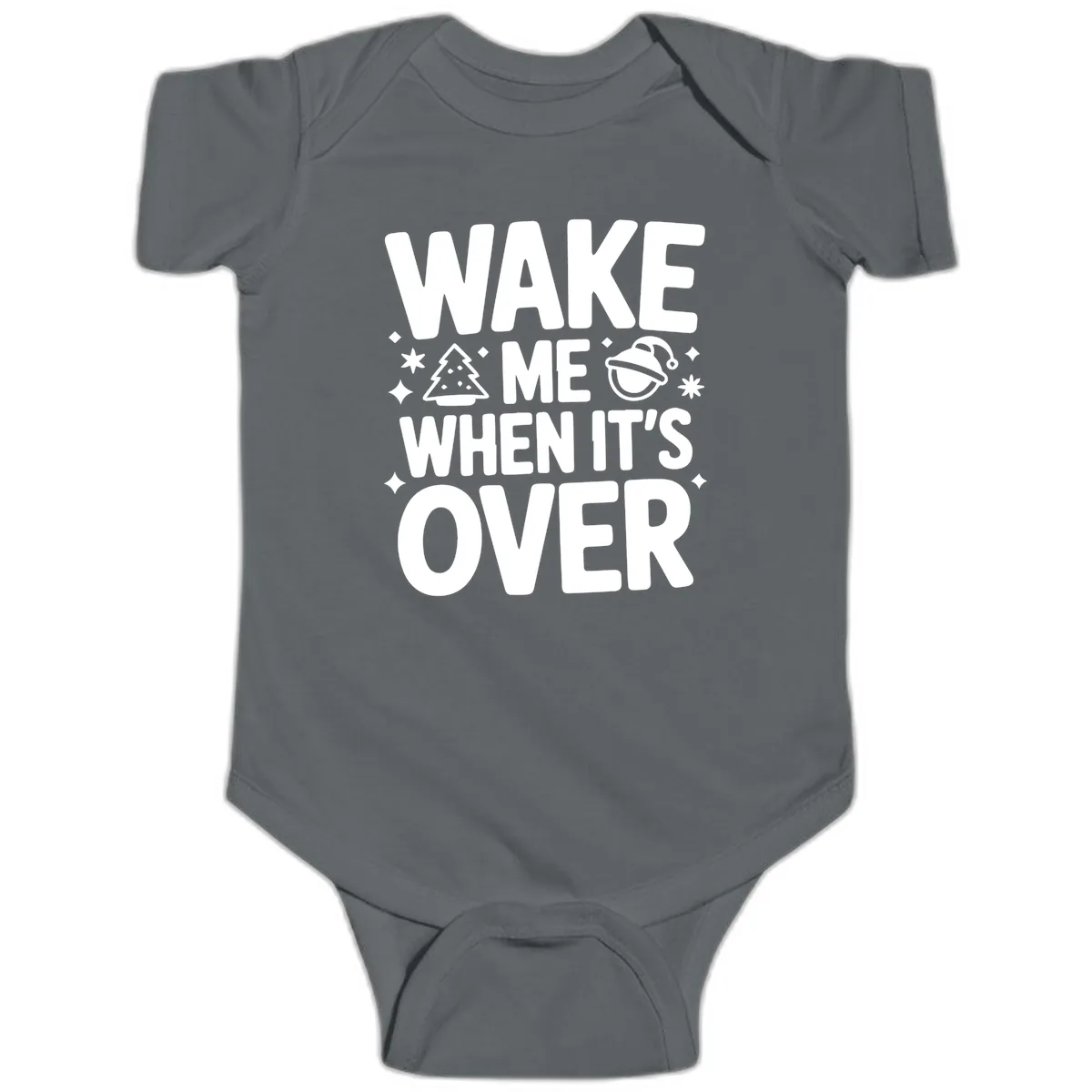 Wake Me When It's Over Christmas Design Baby Onesie in Charcoal