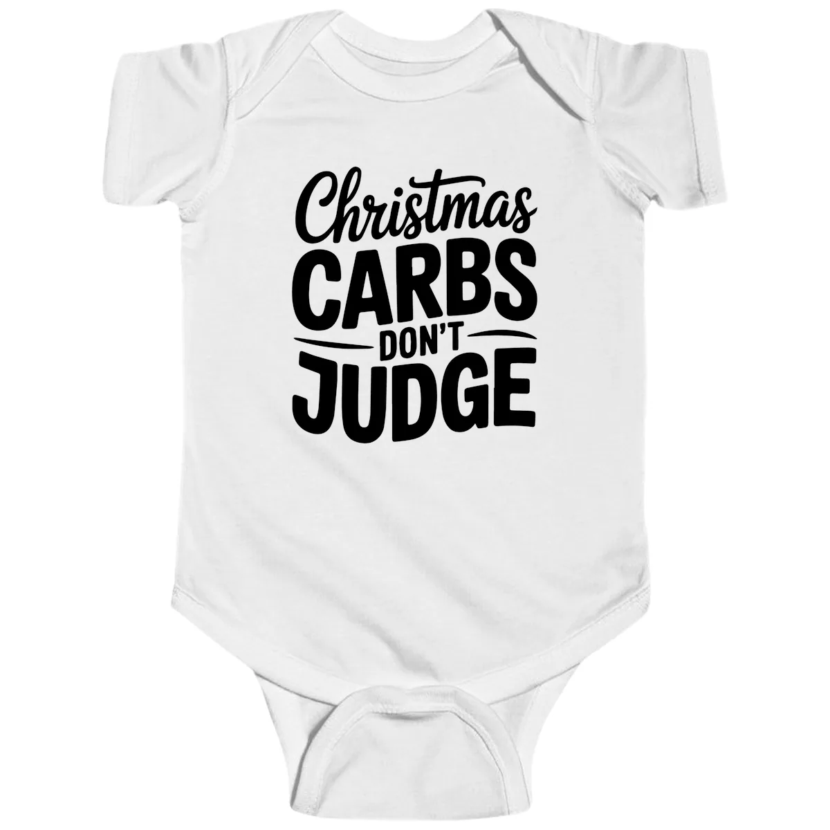 Christmas Carbs Don't Judge Typography Baby Onesie in White