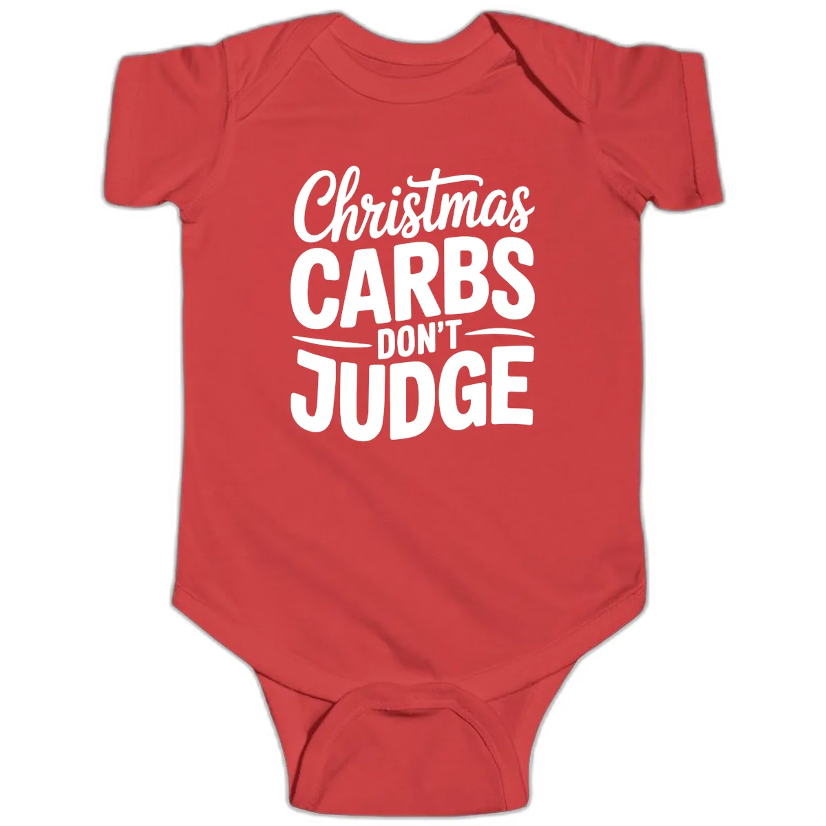 Christmas Carbs Don't Judge Typography Baby Onesie in Red