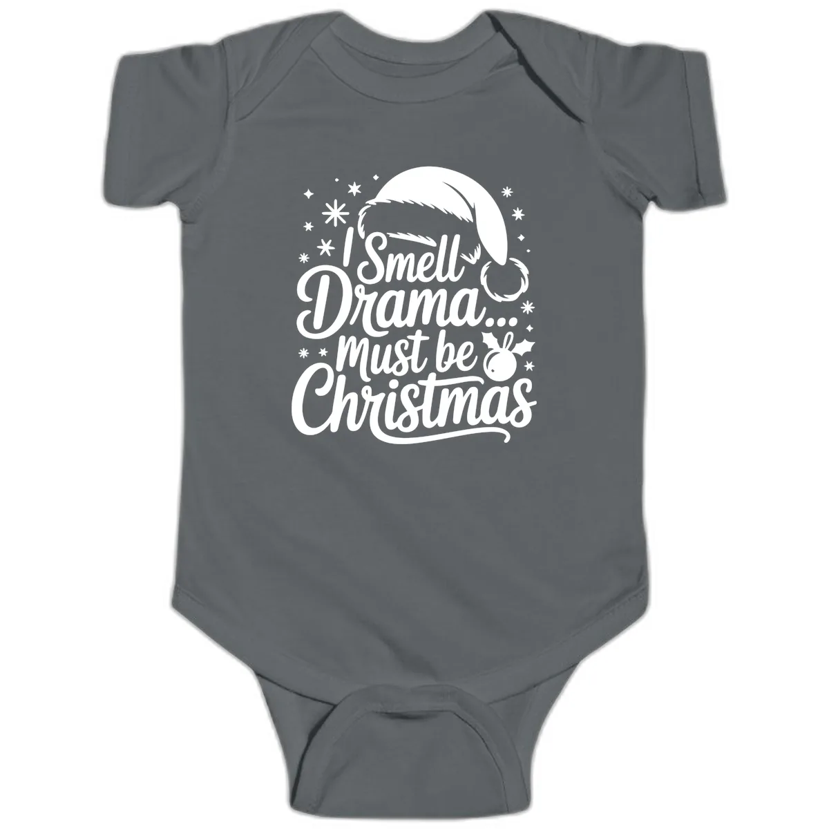 I Smell Drama Must Be Christmas Baby Onesie in Charcoal