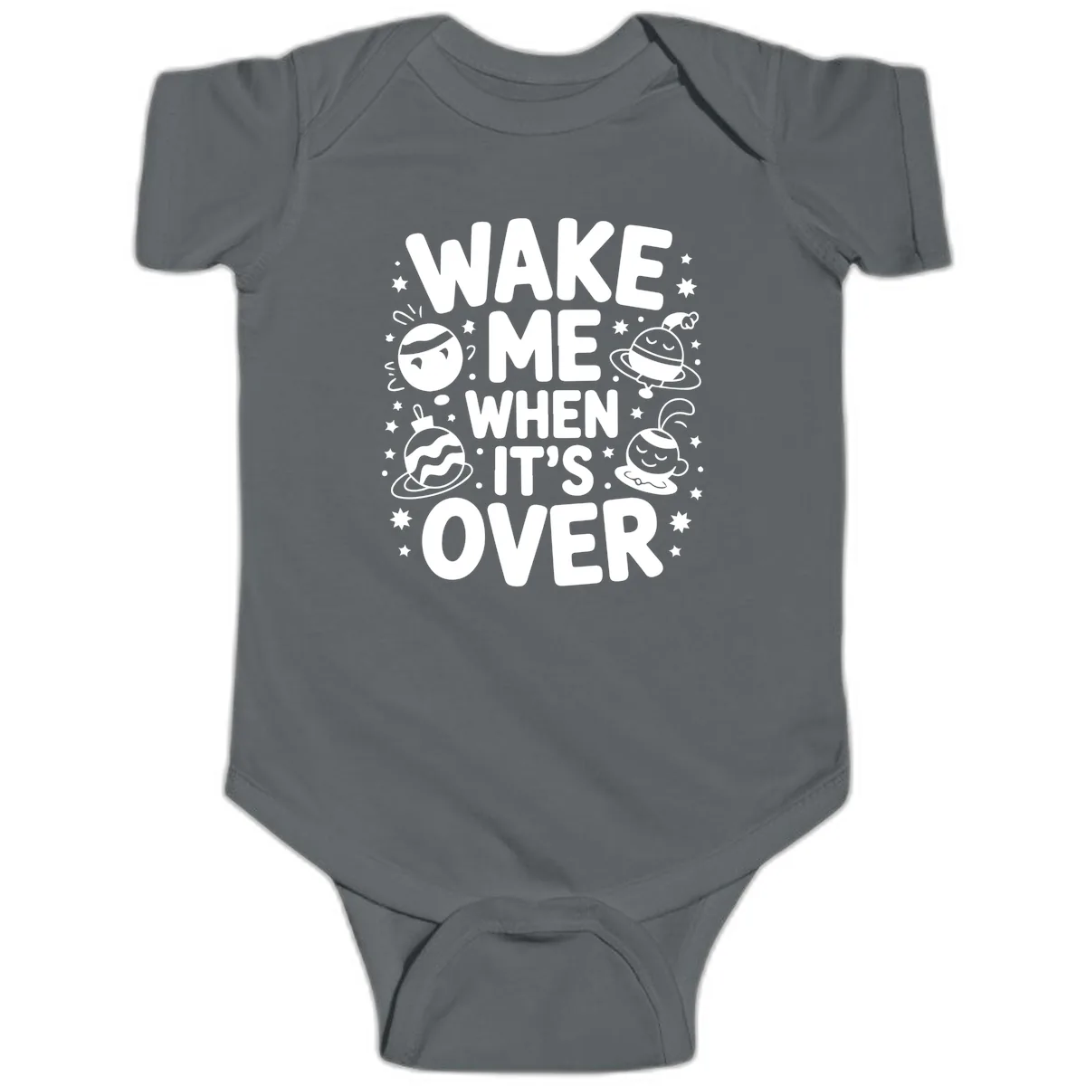 Wake Me When It's Over Christmas Graphic Baby Onesie in Charcoal