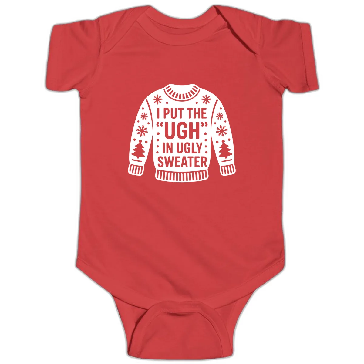I Put The Ugh In Ugly Sweater Baby Onesie in Red
