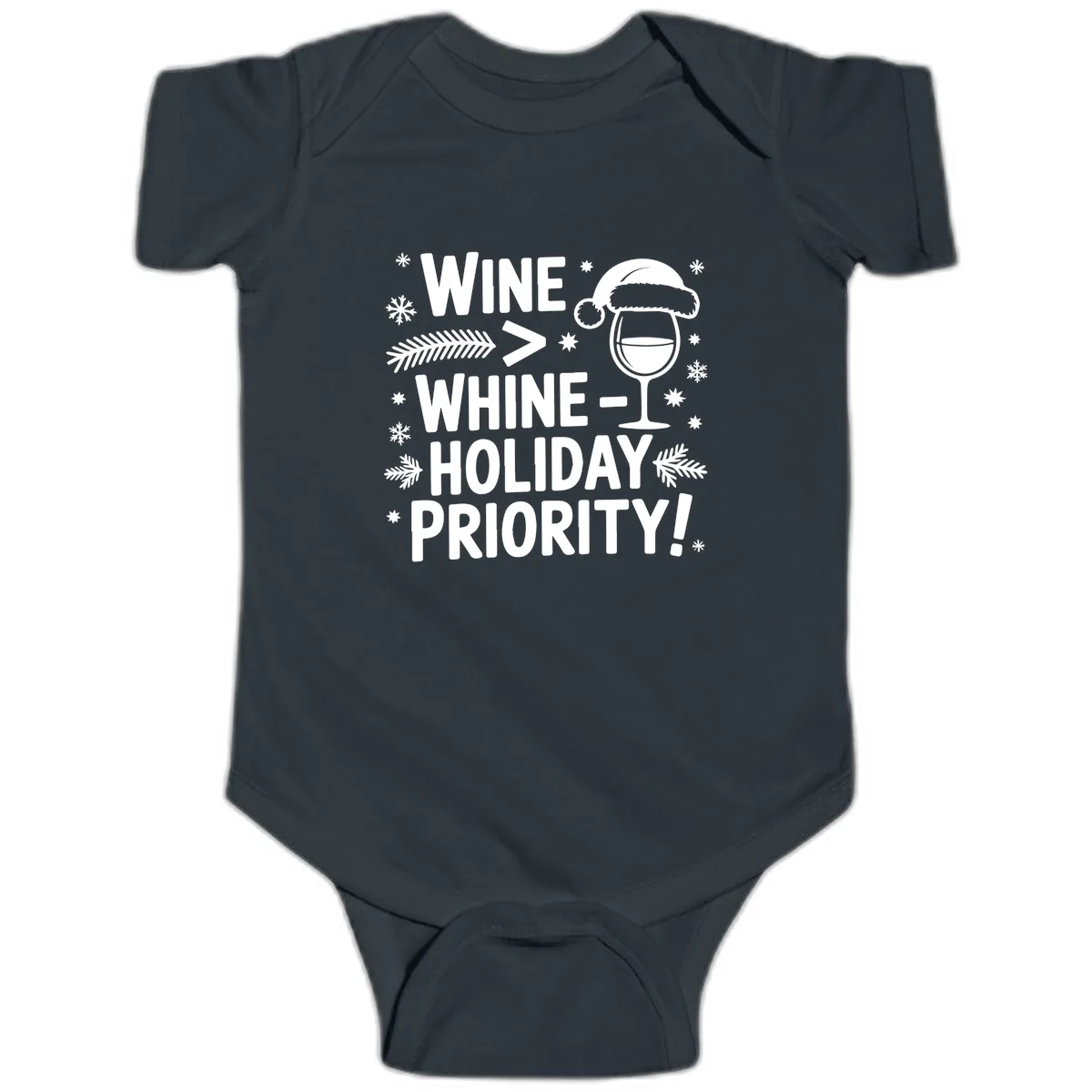 Wine Holiday Priority Graphic Baby Onesie in Black