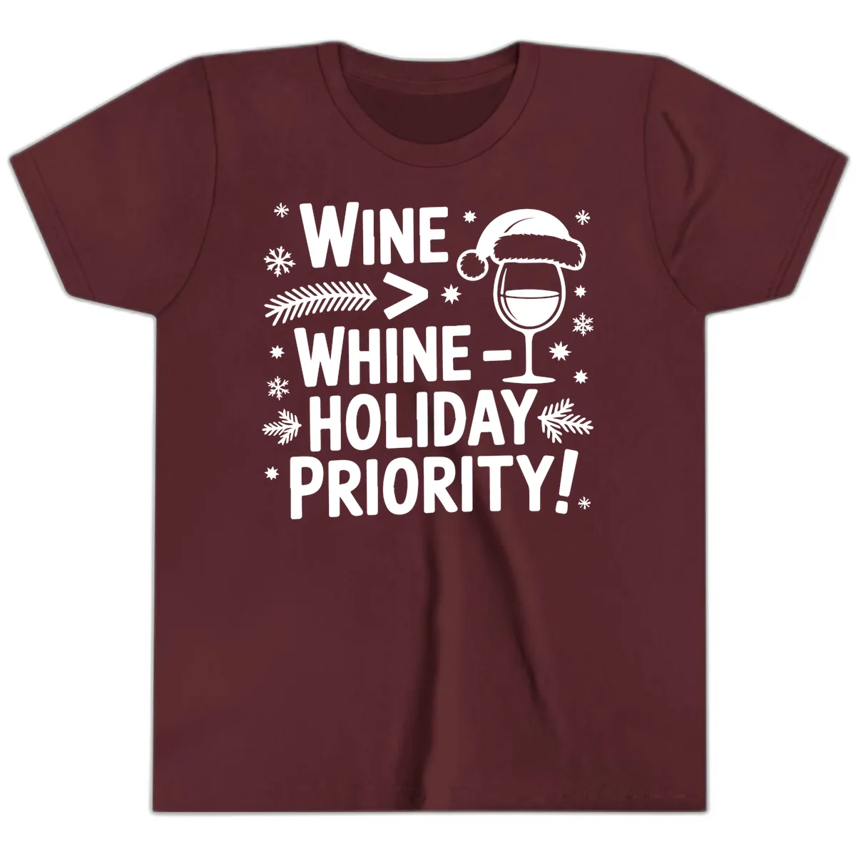 Wine Holiday Priority Graphic Youth T-Shirt in Maroon