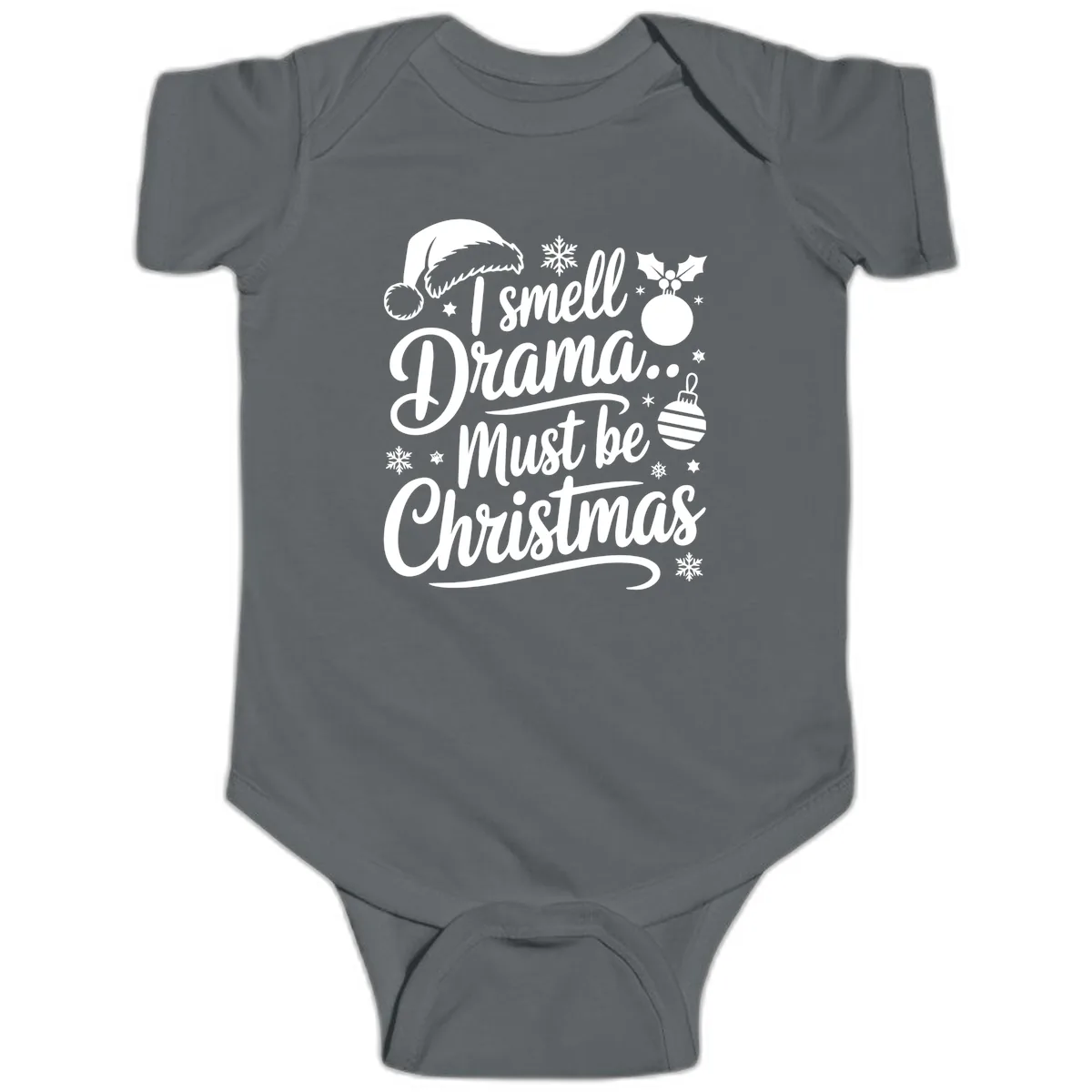 I Smell Drama Must Be Christmas Baby Onesie in Charcoal