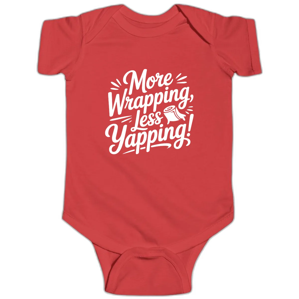 More Wrapping Less Yapping Typography Baby Onesie in Red