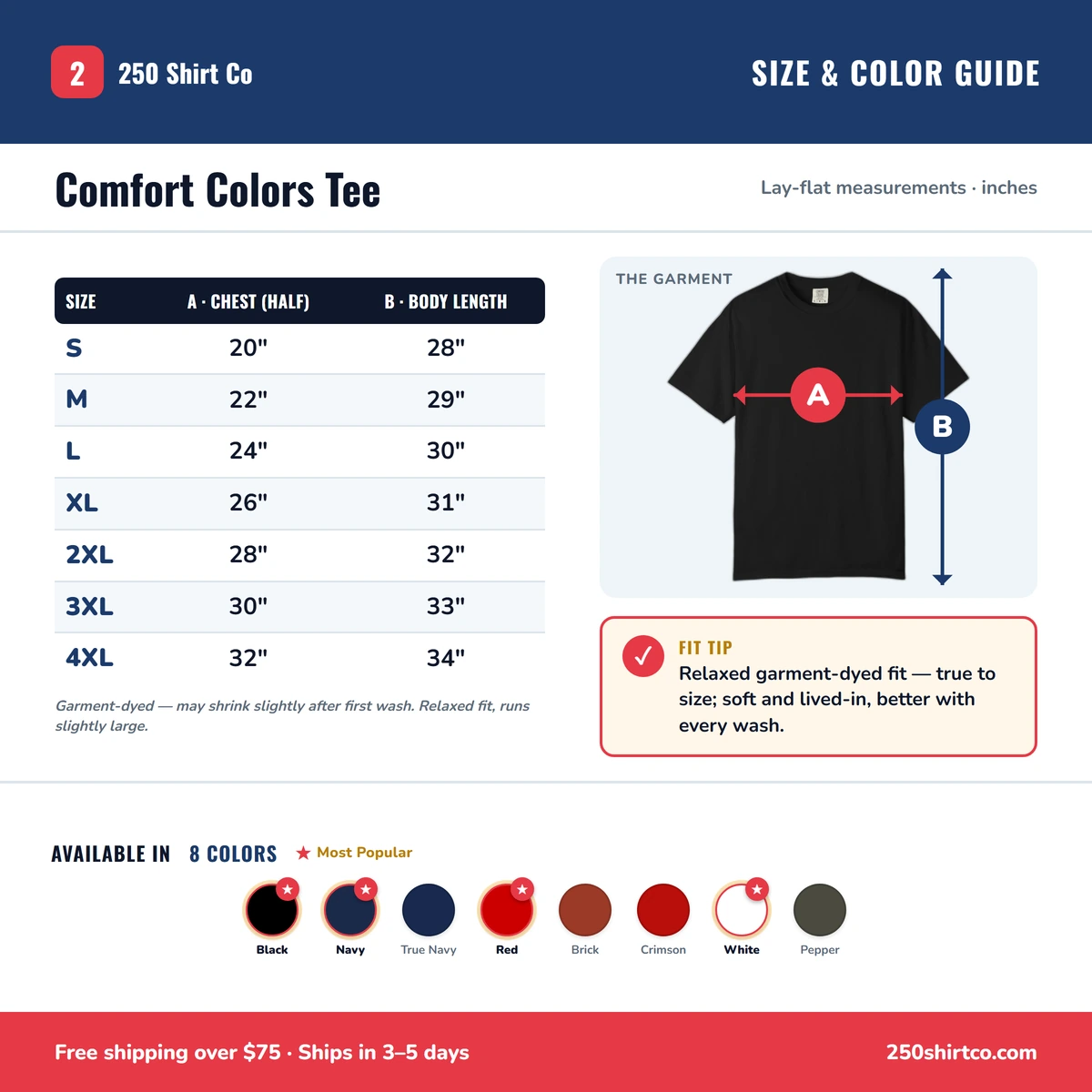 Comfort Color size & color guide
