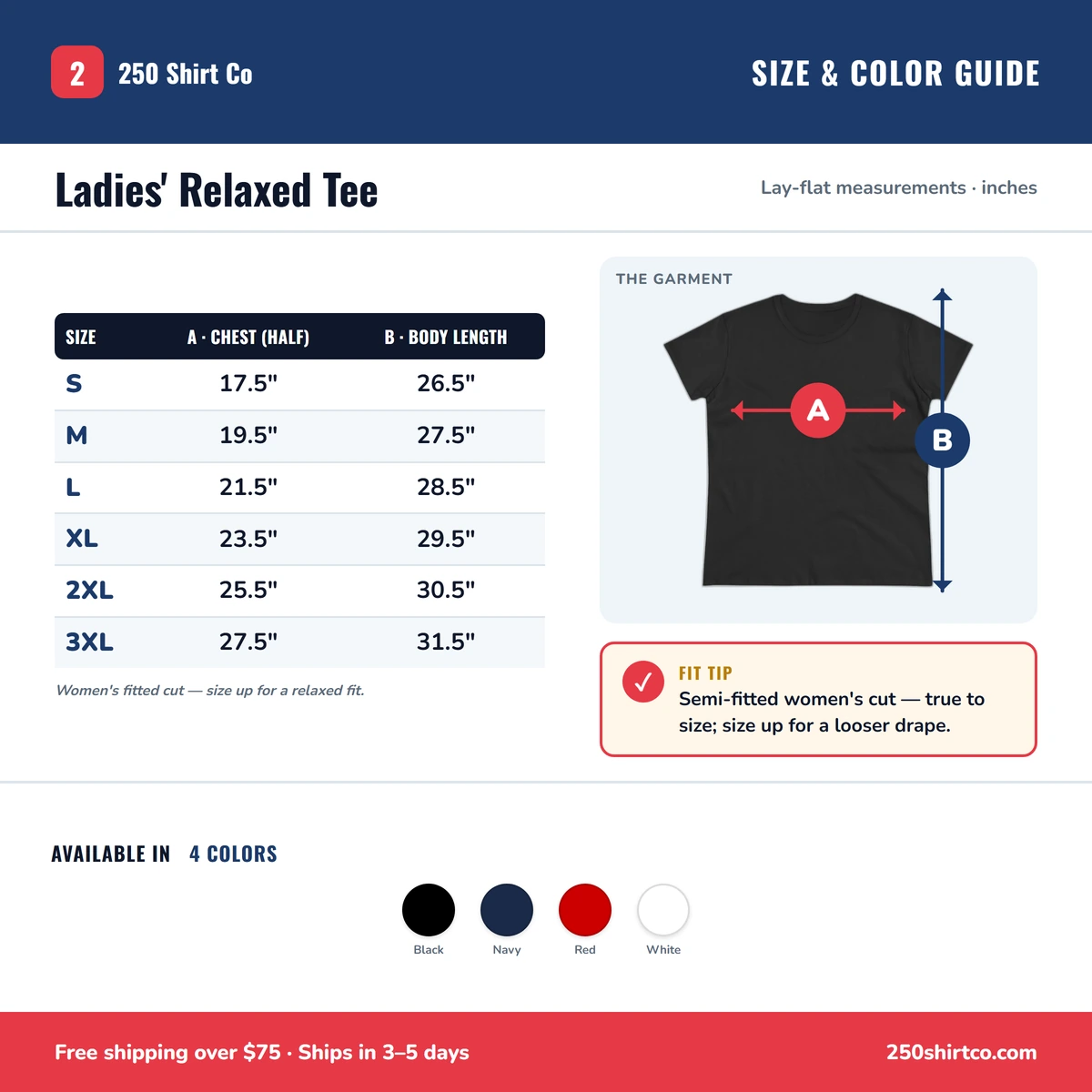 Ladies Tee size & color guide