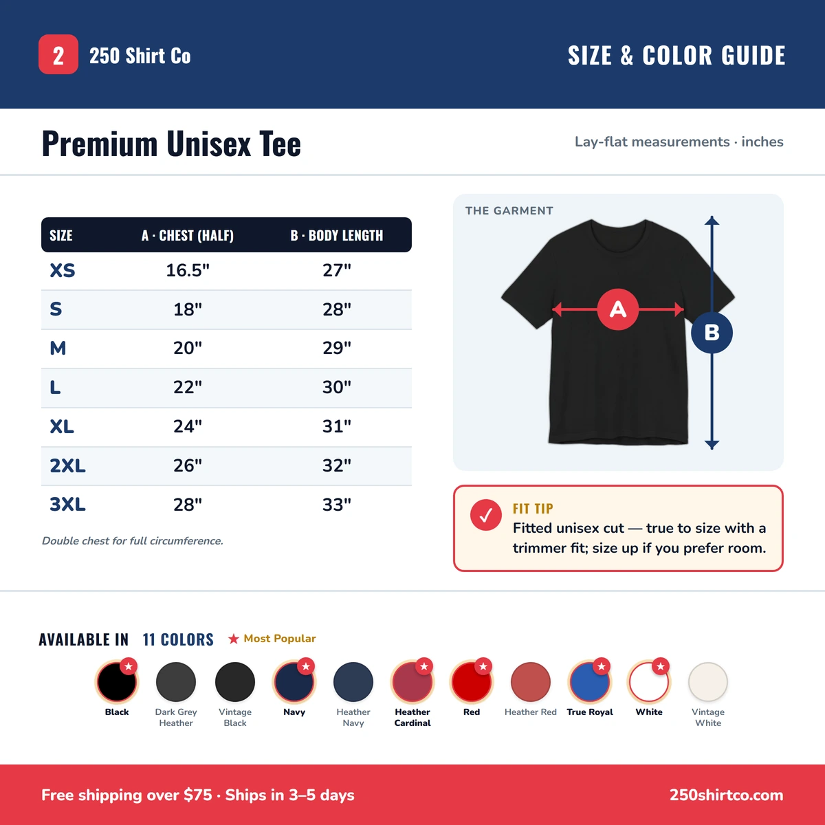 Premium T-Shirt size & color guide