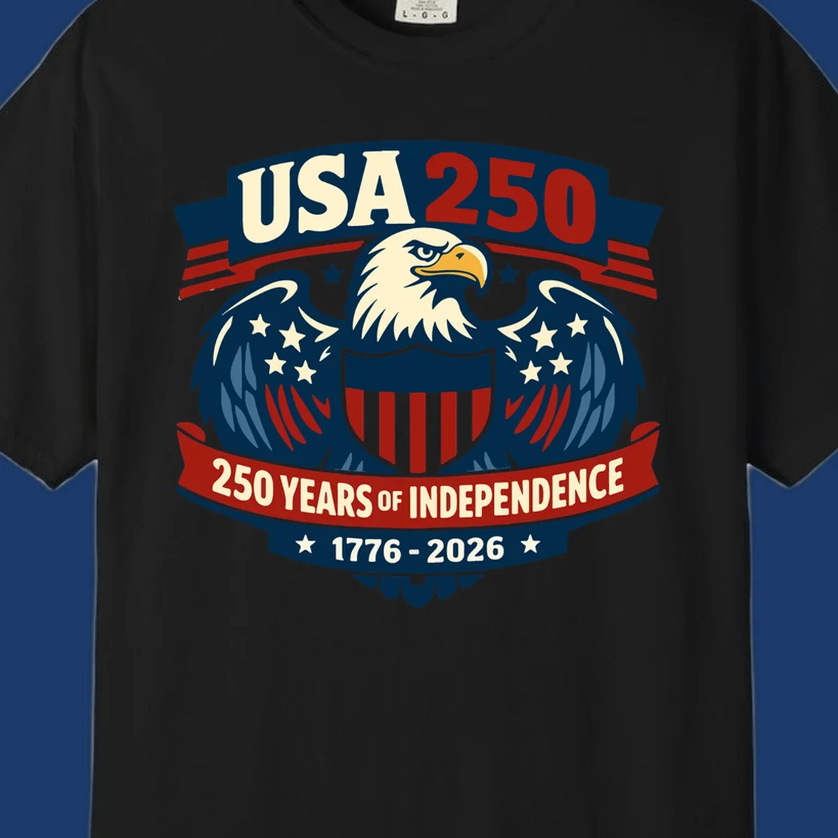 USA 250 anniversary eagle shield banner text celebrating 250 years of independence.