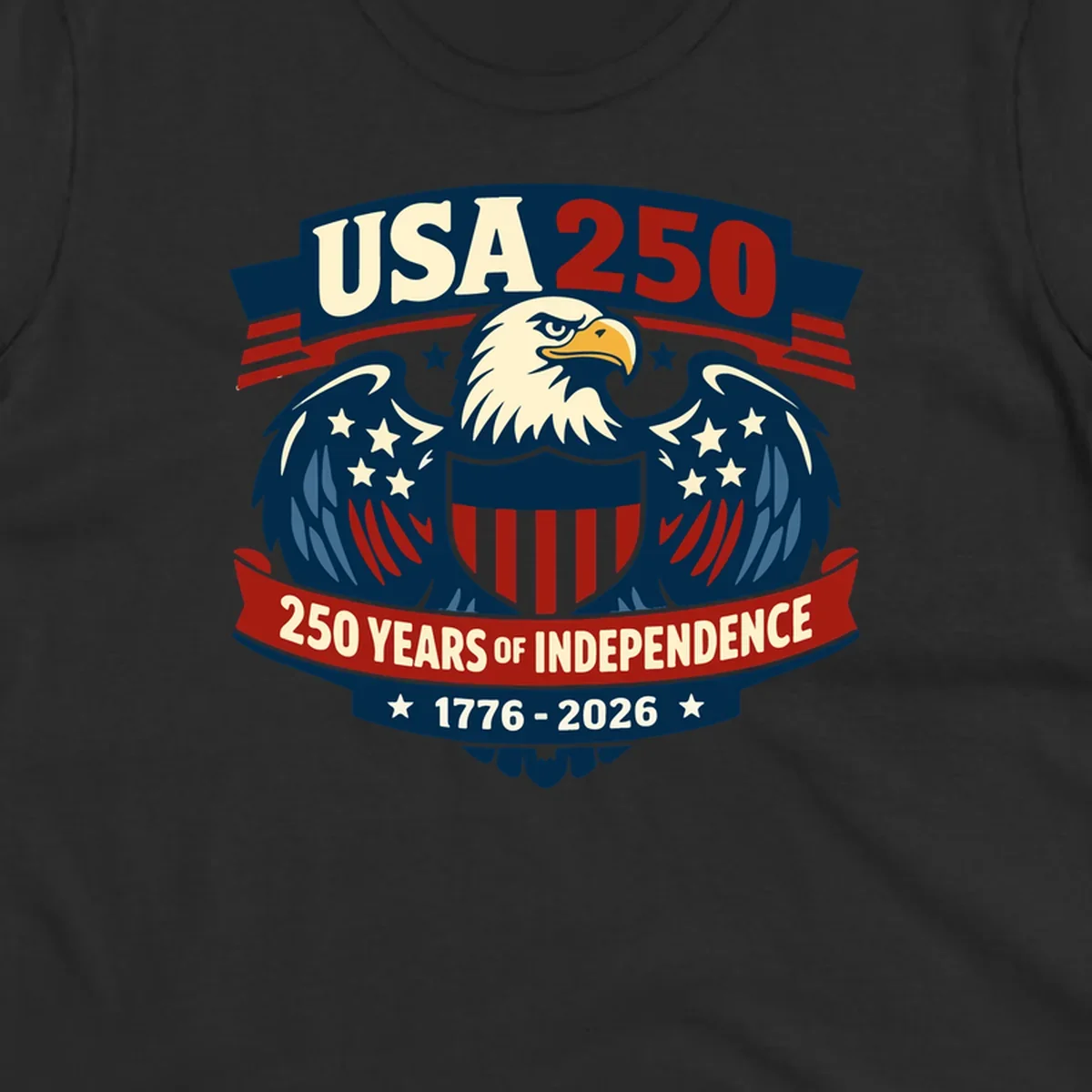 USA 250 anniversary eagle shield banner text celebrating 250 years of independence.