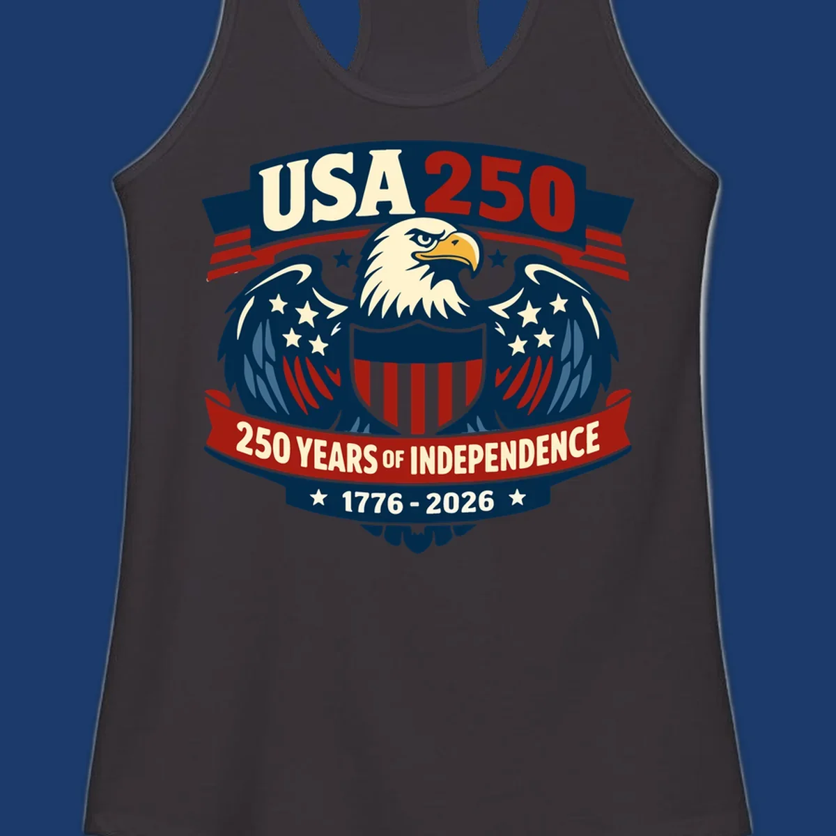 USA 250 anniversary eagle shield banner text celebrating 250 years of independence.