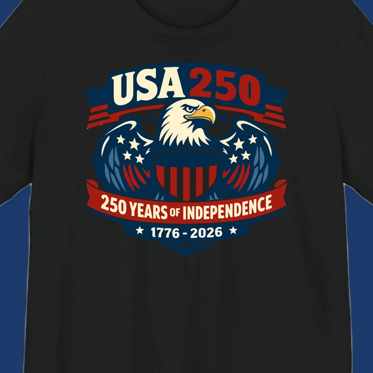 USA 250 anniversary eagle shield banner text celebrating 250 years of independence.