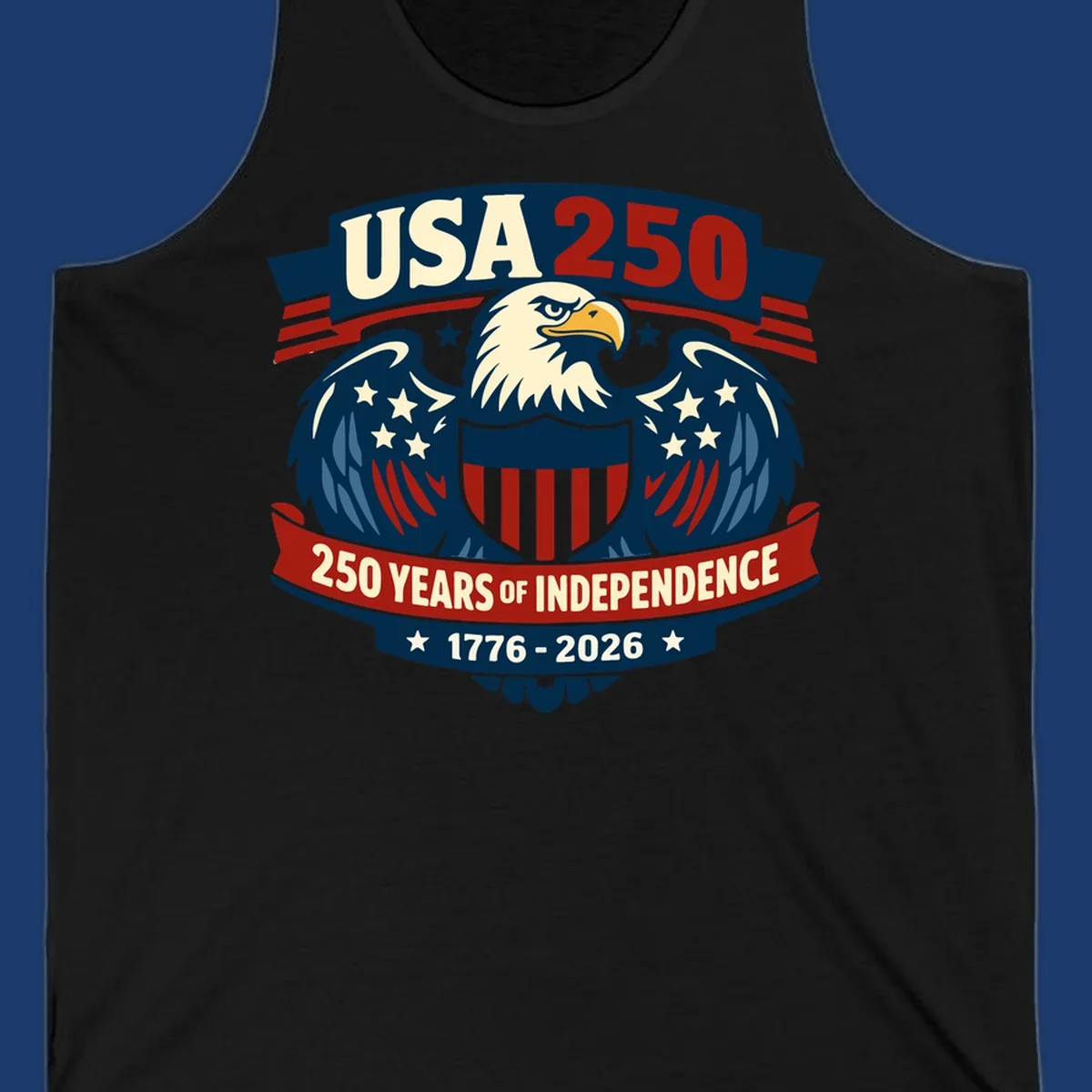 USA 250 anniversary eagle shield banner text celebrating 250 years of independence.