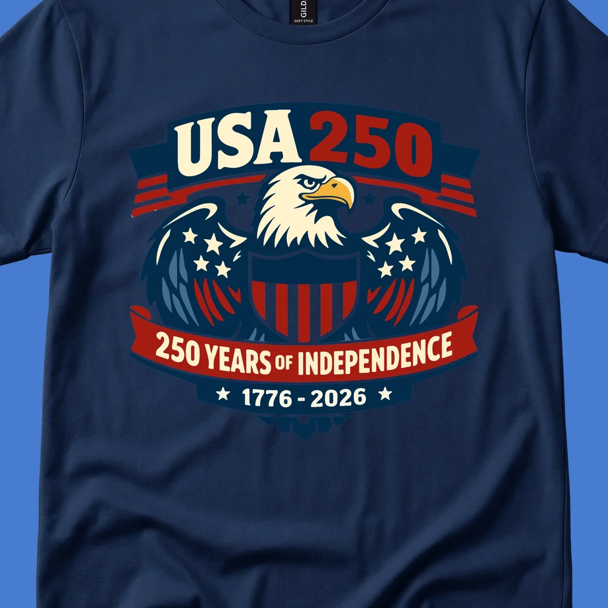 USA 250 anniversary eagle shield banner text celebrating 250 years of independence.