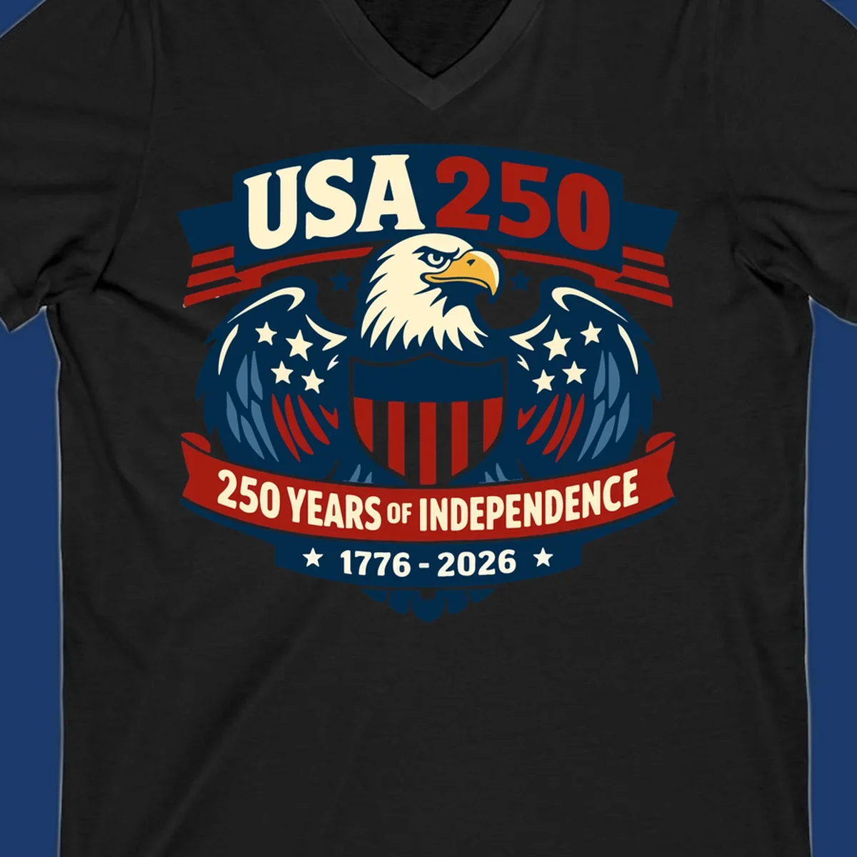 USA 250 anniversary eagle shield banner text celebrating 250 years of independence.