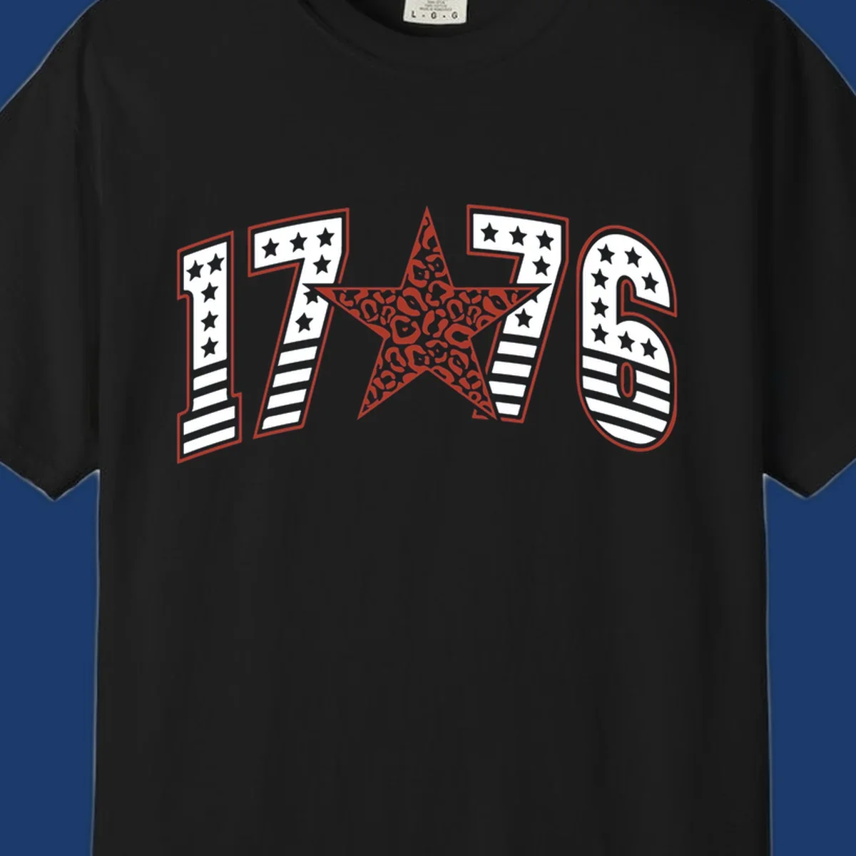 1776 american celebration graphic with stars and stripes and leopard print star.