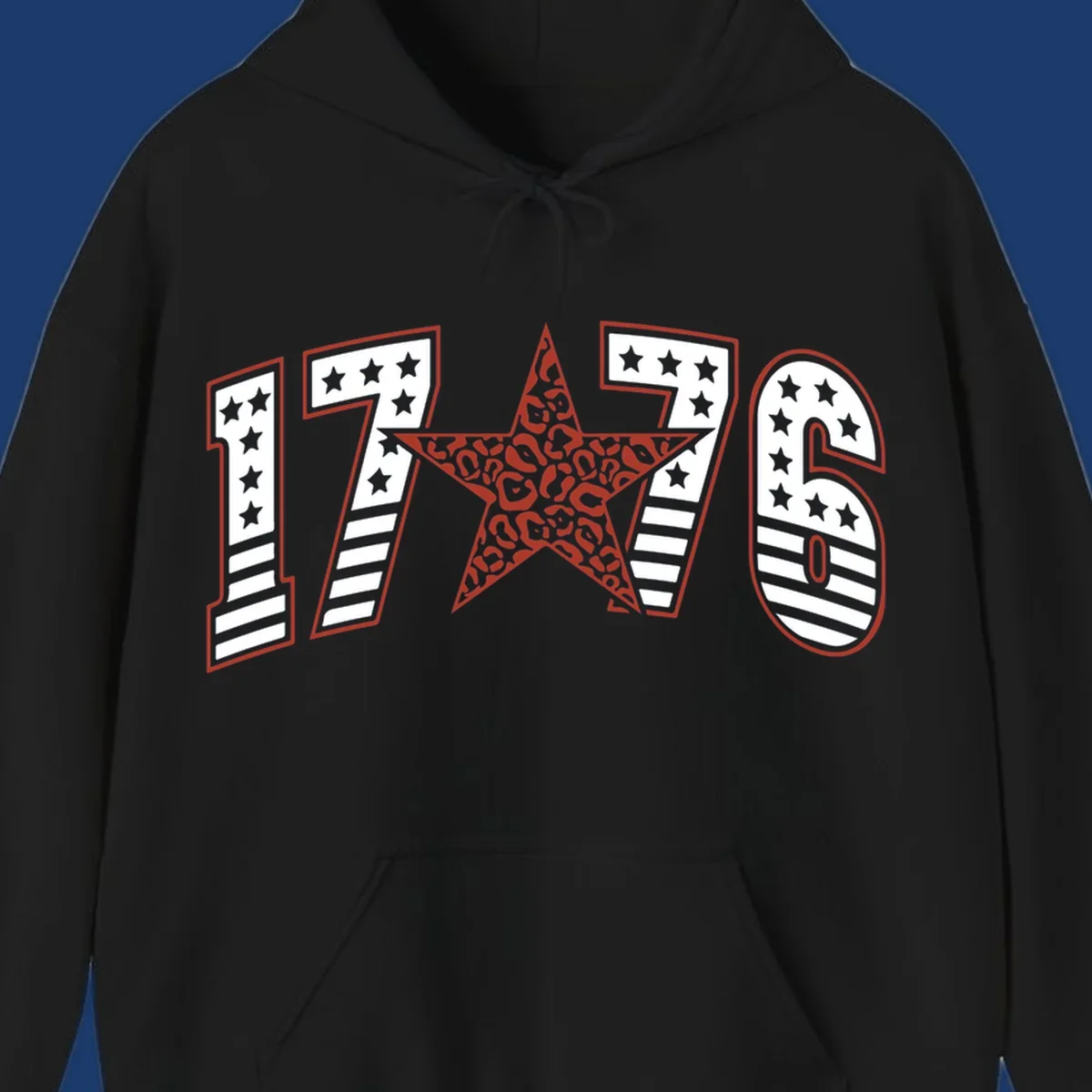 1776 american celebration graphic with stars and stripes and leopard print star.
