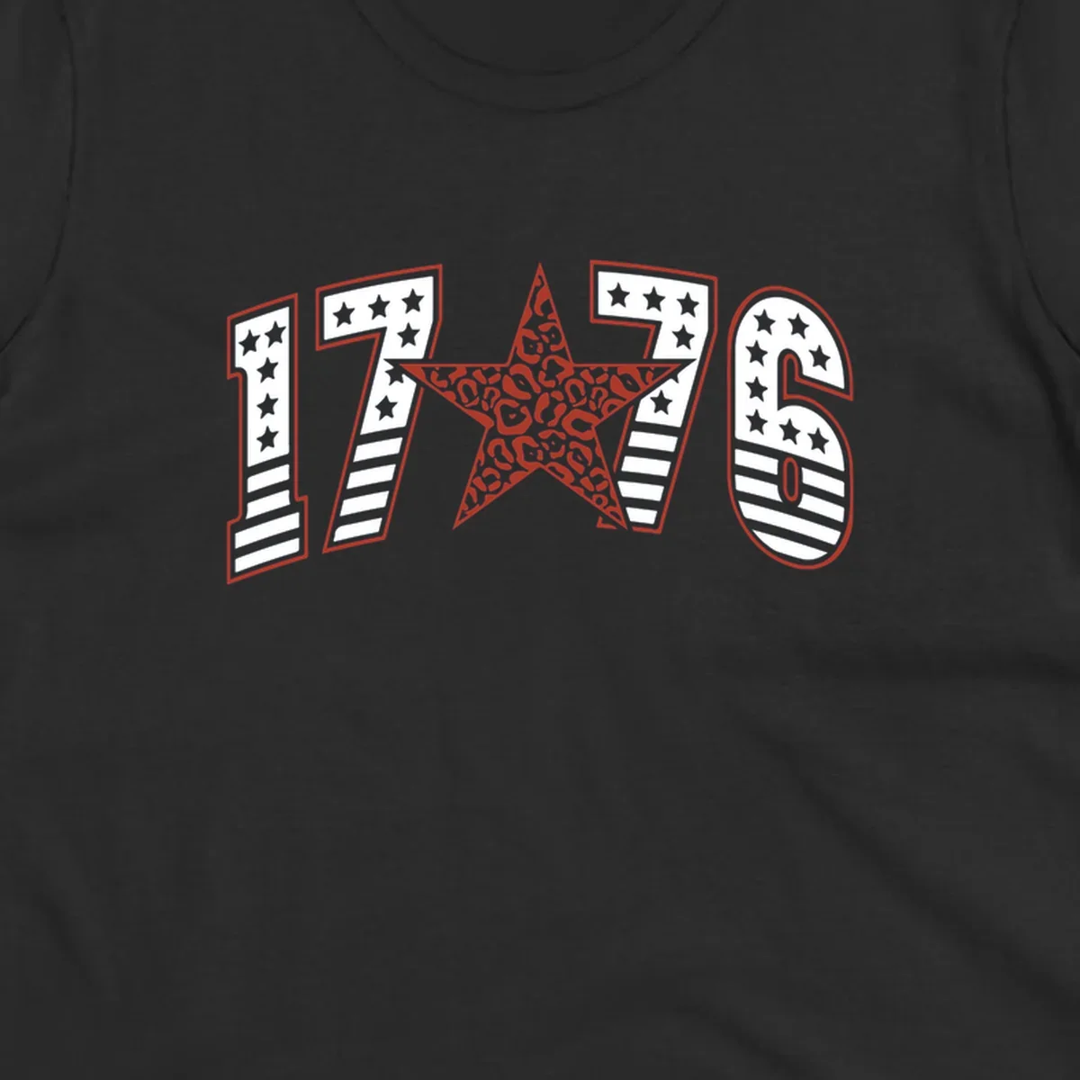 1776 american celebration graphic with stars and stripes and leopard print star.