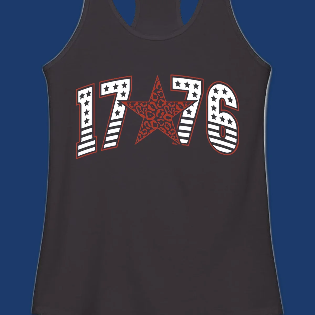 1776 american celebration graphic with stars and stripes and leopard print star.