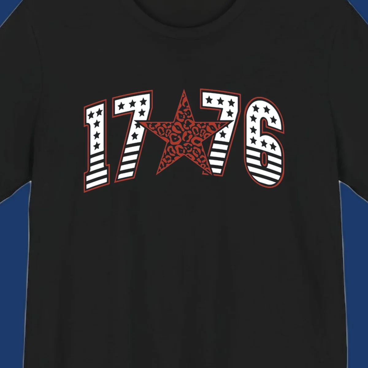 1776 american celebration graphic with stars and stripes and leopard print star.