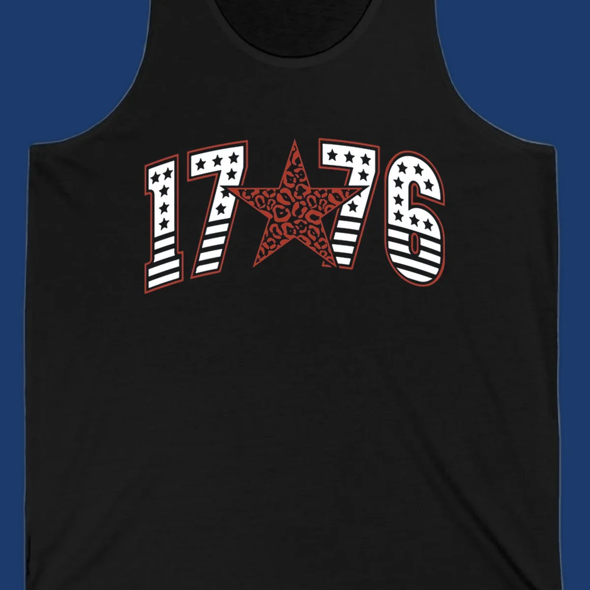 1776 american celebration graphic with stars and stripes and leopard print star.