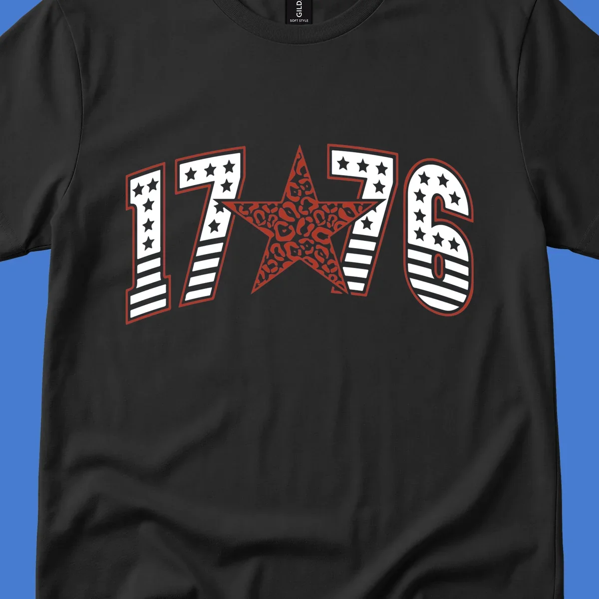 1776 american celebration graphic with stars and stripes and leopard print star.