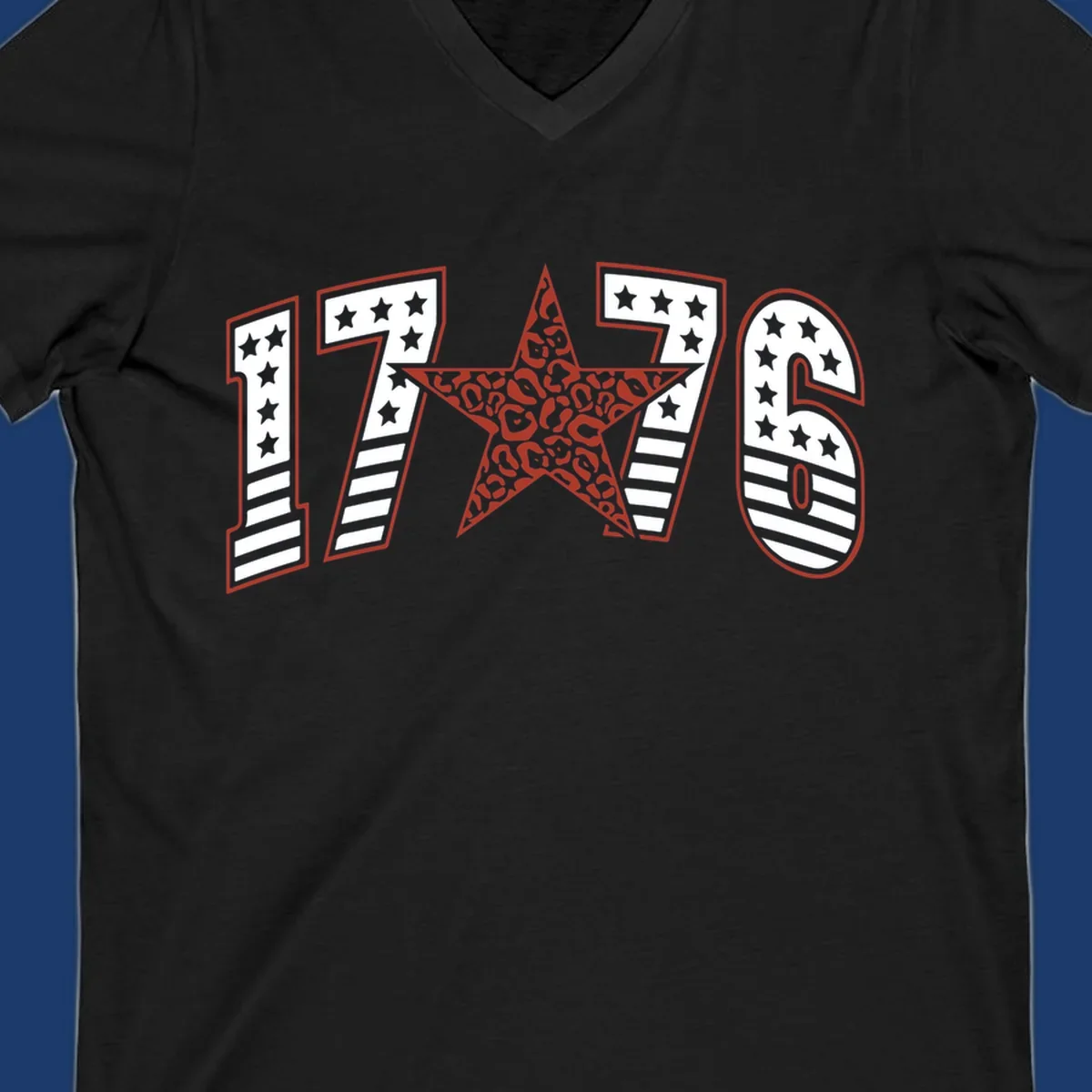 1776 american celebration graphic with stars and stripes and leopard print star.