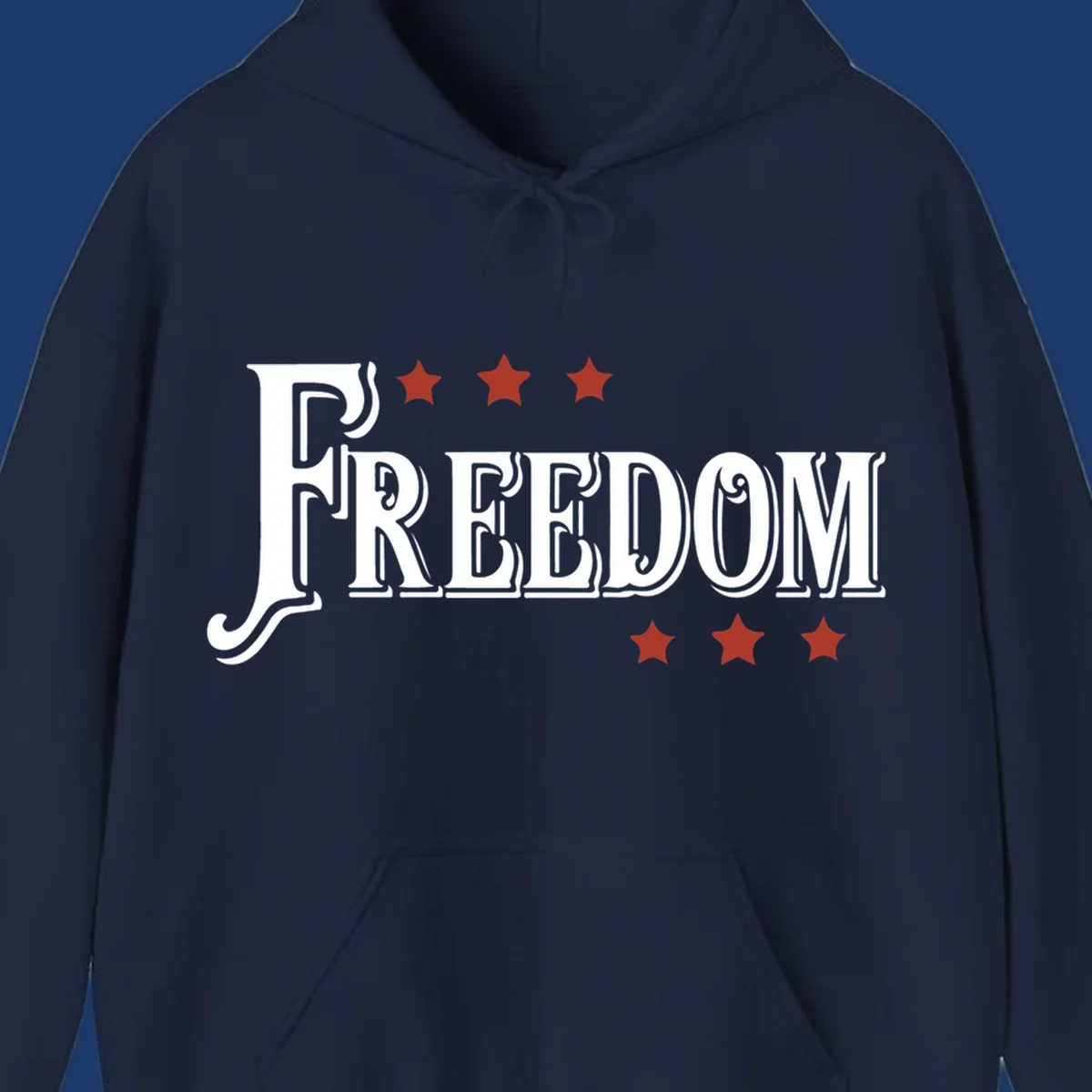 Bold text 'FREEDOM' with red stars, representing american freedom.