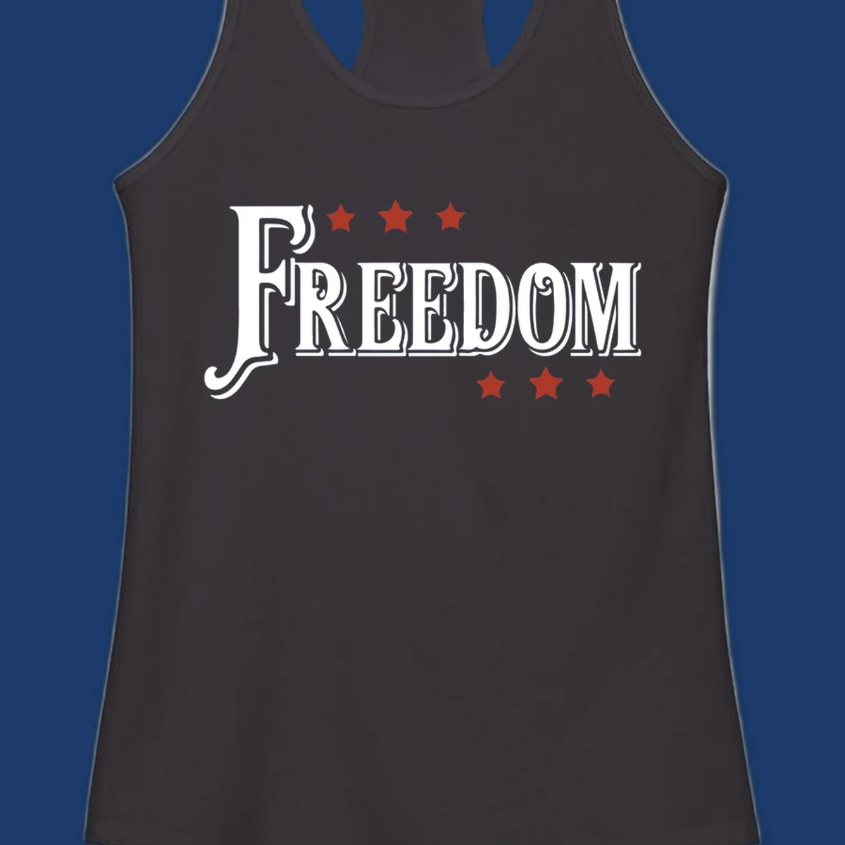 Bold text 'FREEDOM' with red stars, representing american freedom.